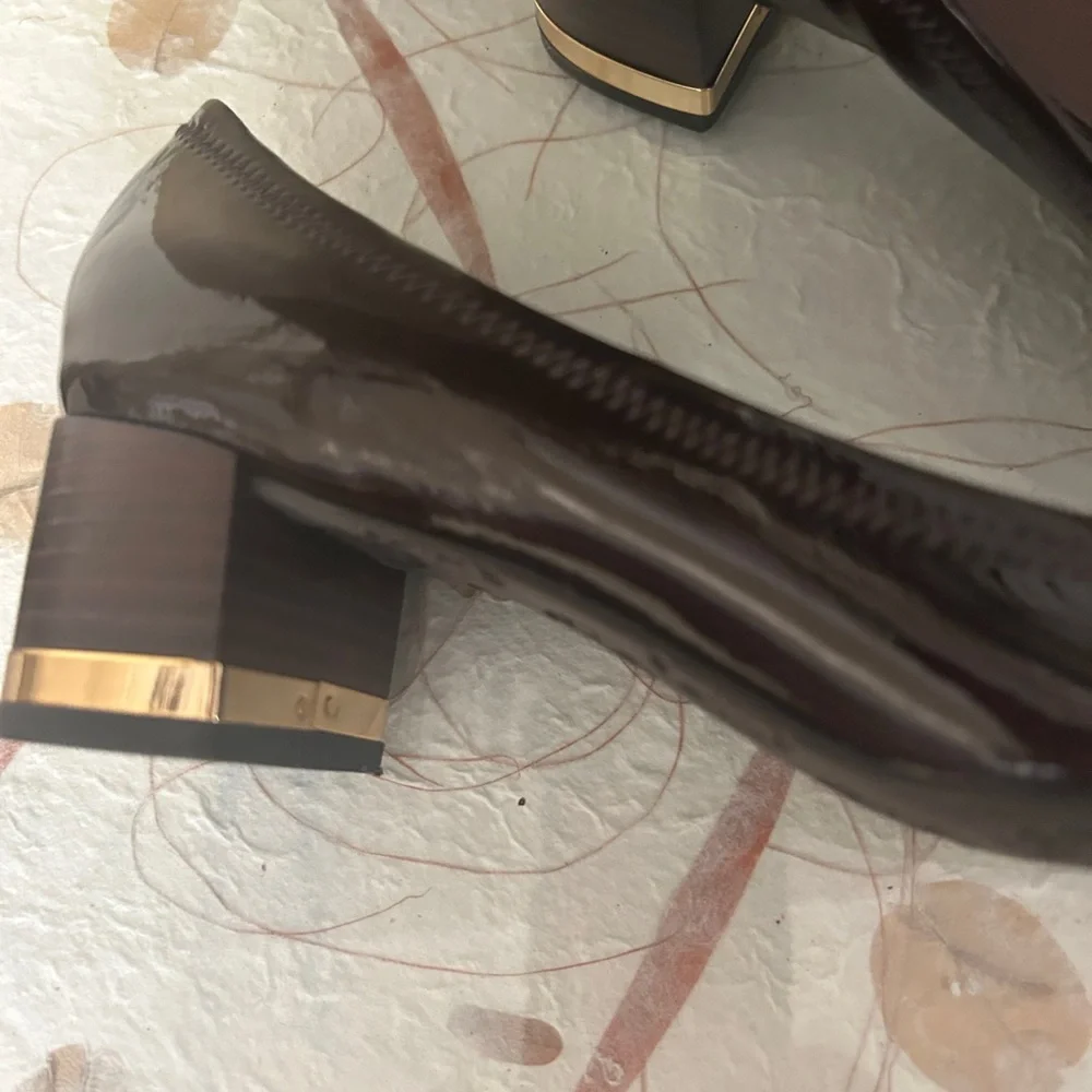 Tory Burch Dark Brown Patent Leather Logo Wedge Heels